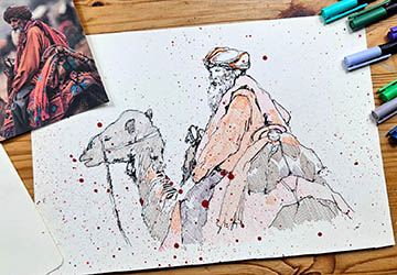 Верблюд с наездником. Цветовые пятна и штриховка