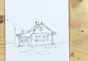 Портрет жёлтой деревянной дачи. Линейный рисунок