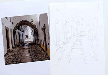 Ворота и улица в Марвау. Карандашный набросок