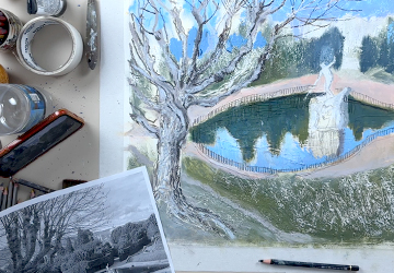 Пейзаж с водоёмом. Карандаши. Детали