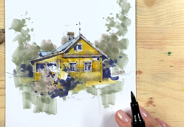 Портрет жёлтой деревянной дачи. Этап сиреневых теней