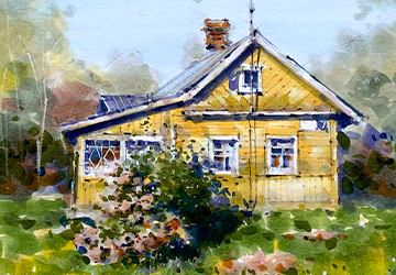 Портрет жёлтой деревянной дачи. Густые тени 