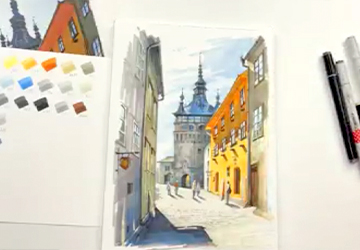 Улица с башней. Набираем активный цвет и тени