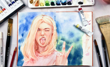 Яркий и солнечный портрет Эль Фаннинг акварелью